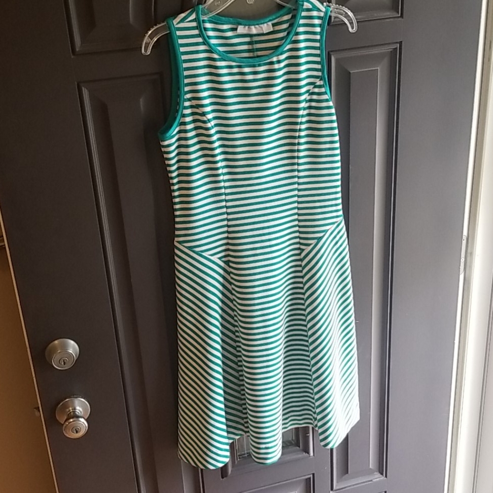 Green and white striped skater style dress